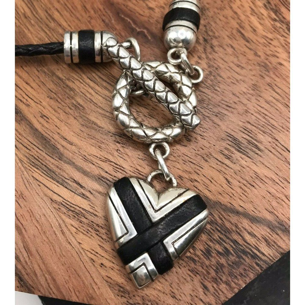 Brighton Whisper Black Heart Necklace Leather Braided Cord Front Toggle 18”